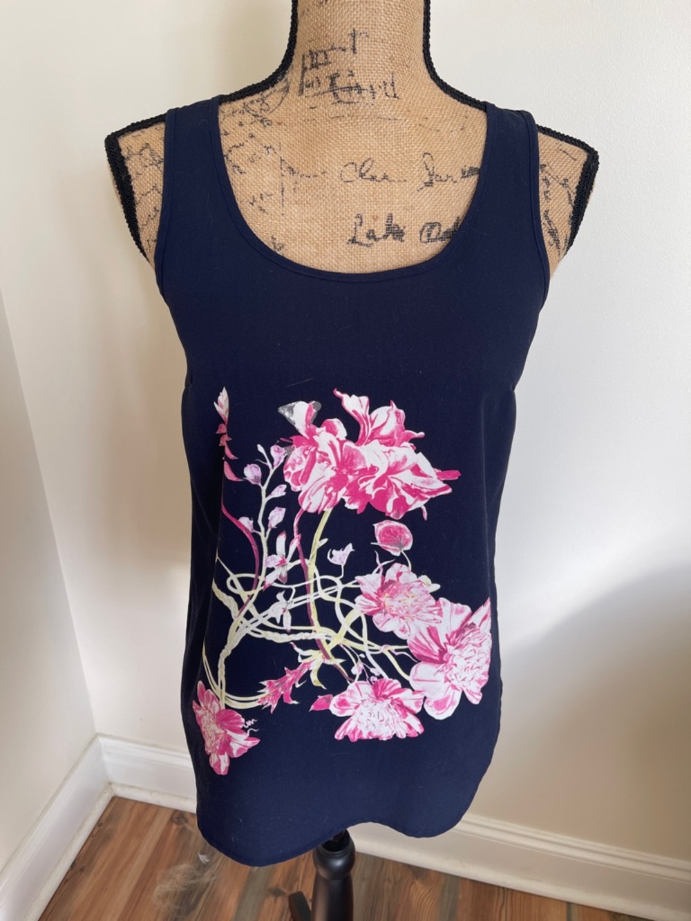 Navy blue Tank Top with Pink Floral Print, size XS
